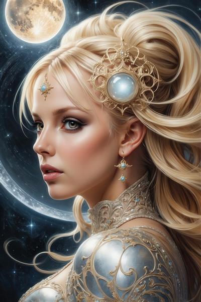 تصویر ملکه طلایی بلوند در میان ستارگان برای چاپ محصولات دکوراتیو