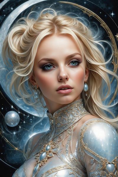 عکس الهه نقره‌ای بلوند در پس‌زمینه کهکشان برای تابلو دکوراتیو