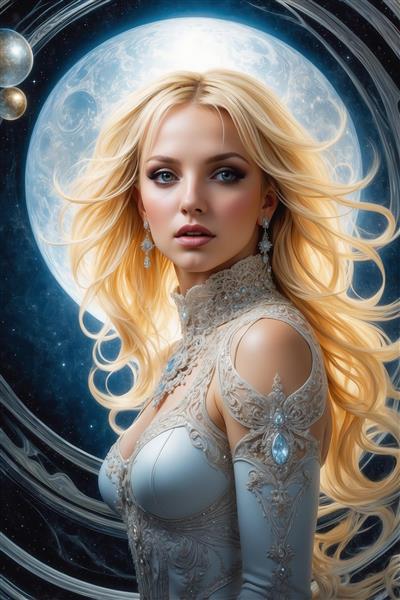 تصویر بانوی بلوند با لباس سفید درخشان جلوی ماه آبی