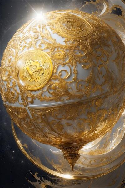 عکس گوی بیت‌کوین طلایی و سفید باروک معلق در فضا برای چاپ روتختی