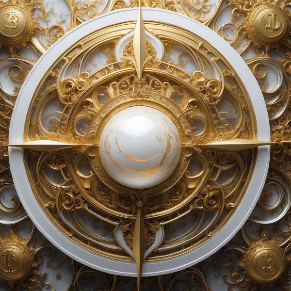 پوستر بیت‌کوین طلایی وسط قاب بزرگ سفید و طلایی برای تابلو مینیمال