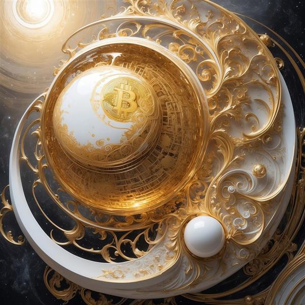 تصویر سکه بیت‌کوین طلایی در حال چرخش درون قاب فانتزی لوکس سفید