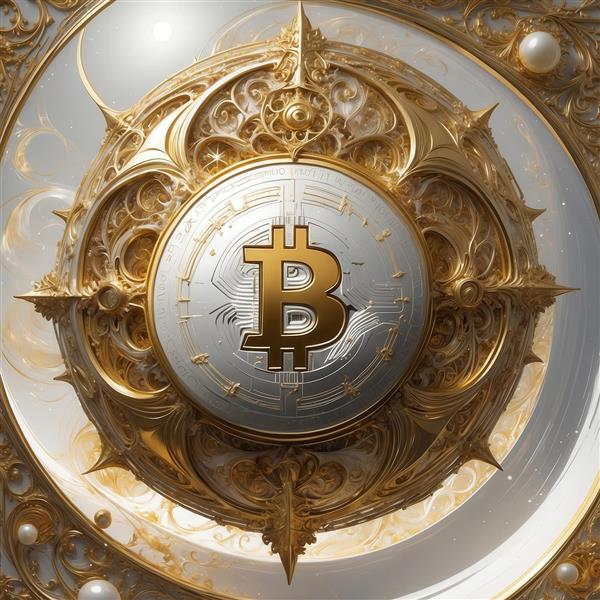 طرح دکوراتیو لوگو بیت‌کوین طلایی با قاب باروک سفید برای چاپ عریض
