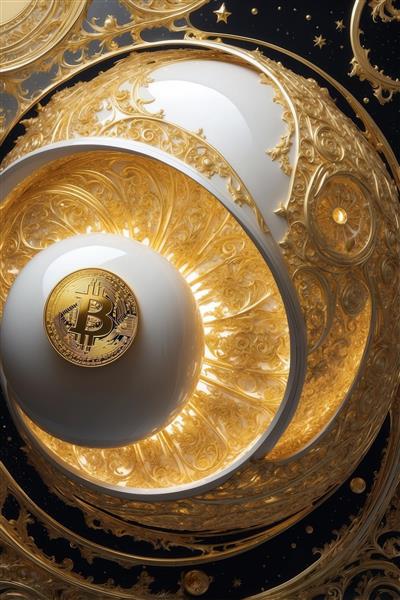 عکس بیت‌کوین طلایی درون گوی سفید براق فانتزی برای تابلو دکوراتیو