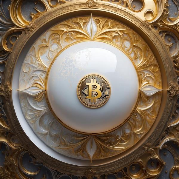 پوستر بیت‌کوین طلایی وسط یک گوی سفید براق در قاب لوکس برای چاپ