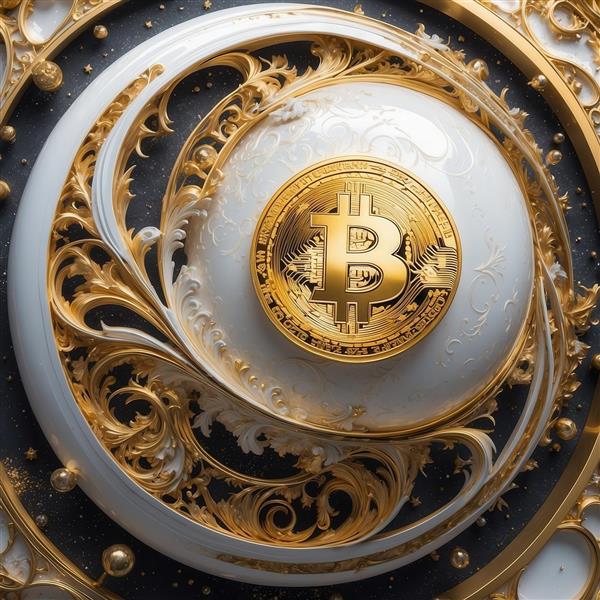 تصویر سکه بیت‌کوین طلایی وسط قاب سفید و سیاه برای تابلو دیواری لوکس