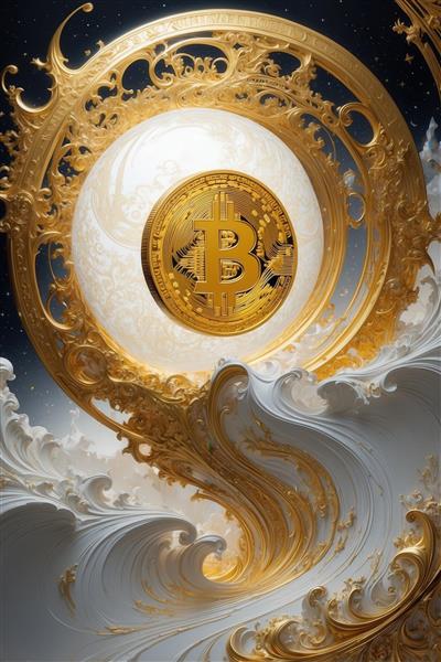 طرح بیت‌کوین طلایی در وسط حلقه‌های نورانی و امواج سفید برای چاپ پرده