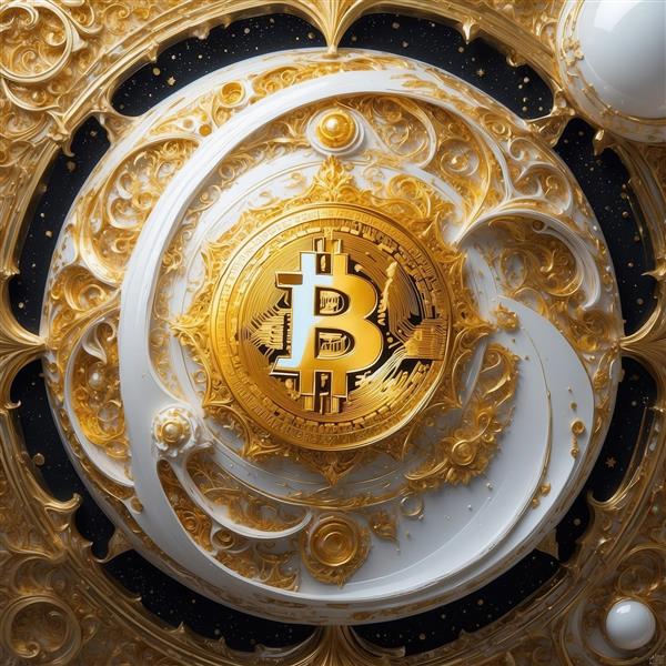 عکس بیت‌کوین طلایی وسط قاب سفید دایره‌ای فانتزی برای چاپ روتختی