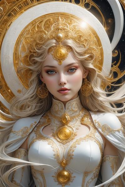 تصویر فرشته زن با موی بلوند و تاج طلایی فانتزی برای تابلو دکوراتیو