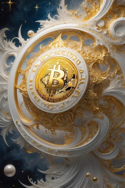 پوستر بیت‌کوین طلایی در قاب سفید و موجی فانتزی برای چاپ عریض