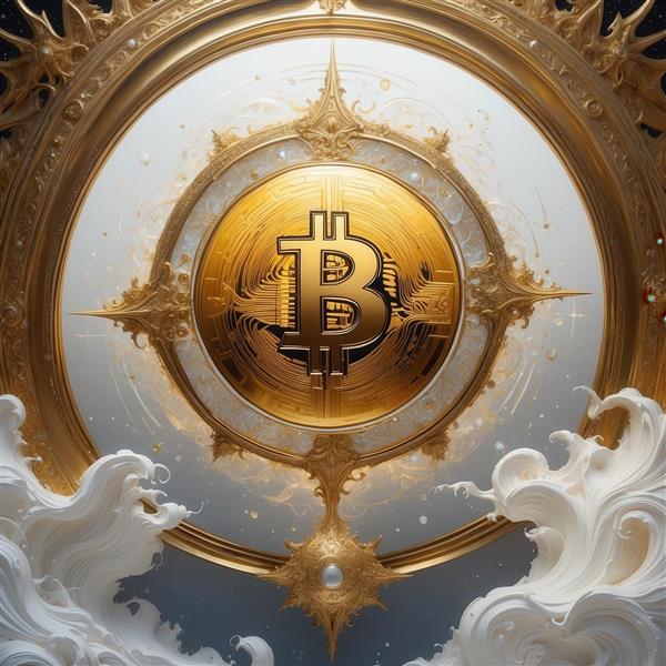 طرح بیت‌کوین طلایی وسط امواج سفید مینیمال برای پوستر دیواری لوکس
