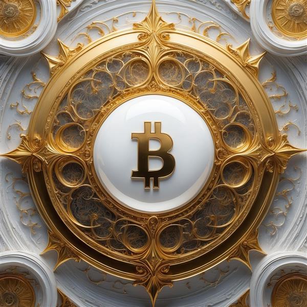 عکس بیت‌کوین طلایی وسط قاب دایره‌ای سفید باروک برای تابلو دکوراتیو لوکس