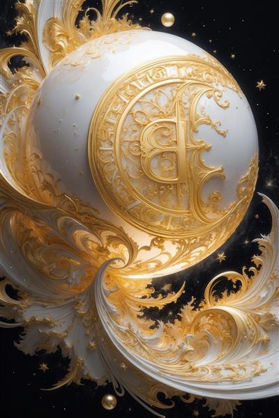طرح بیت‌کوین طلایی و سفید باروک روی کره لوکس برای چاپ روی ماگ