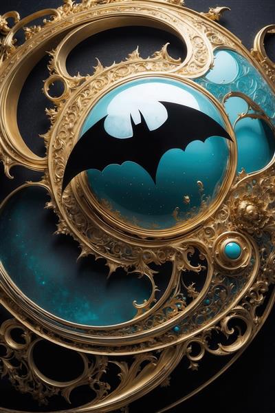 عکس لوگو خفاش مشکی درون گوی آبی در قاب طلایی تزیینی برای چاپ عریض