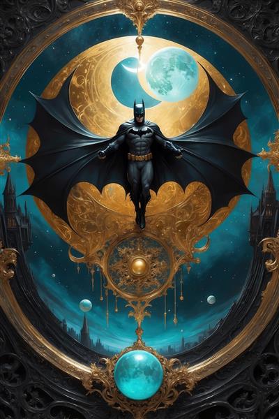 تصویر بتمن بال‌باز در قاب طلایی عظیم در آسمان شب فانتزی برای پوستر
