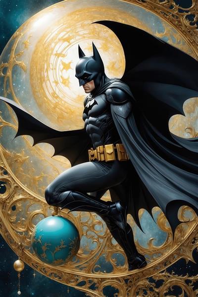 پوستر بتمن با لباس سیاه روی کره آبی در قاب طلایی باروک برای تابلو