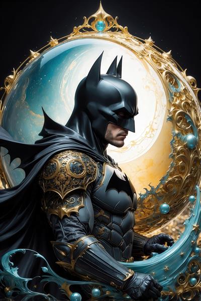 عکس بتمن با زره باروک طلایی در قاب دایره‌ای فانتزی برای تابلو دیواری
