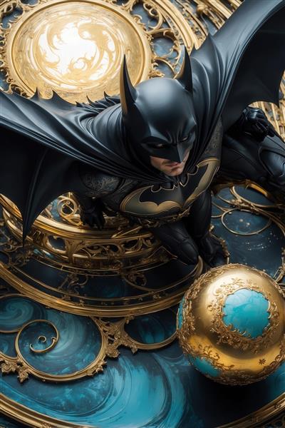 عکس بتمن باکیفیت با لباس سیاه در دایره طلایی دکوراتیو