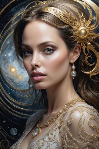 تصویر آنجلینا جولی ملکه با تاج خورشیدی و گردنبند طلایی