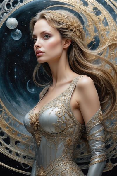 عکس آنجلینا جولی با موی بلند طلایی و لباس نقره‌ای برای پوستر