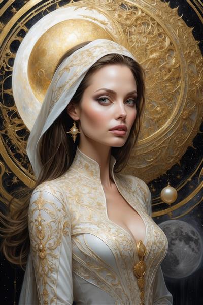 طرح آنجلینا جولی با سربند سفید و پس زمینه ماه و خورشید طلایی