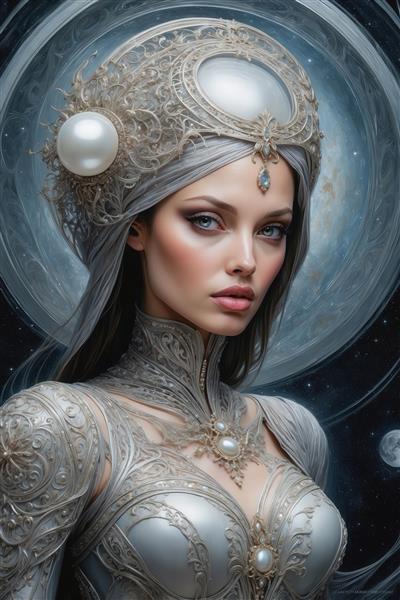 تصویر آنجلینا جولی با سربند نقره‌ای مرواریدی در پس زمینه ماه