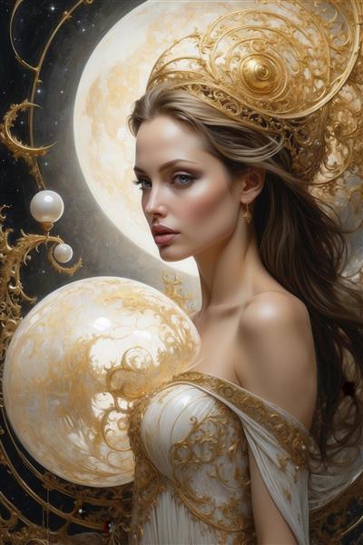 طرح آنجلینا جولی الهه طلایی با گوی بزرگ ماه برای دکوراسیون