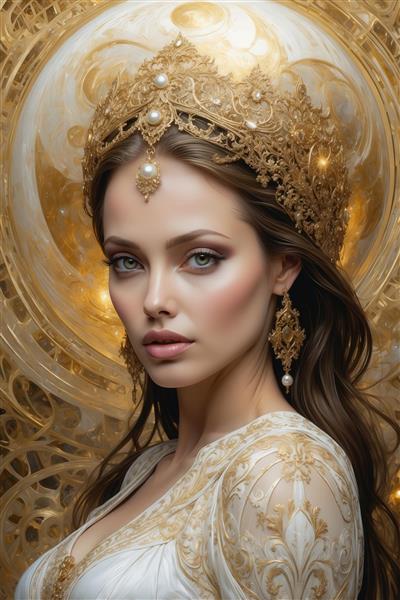 تصویر چهره آنجلینا جولی با تاج بزرگ طلایی و مروارید باکیفیت