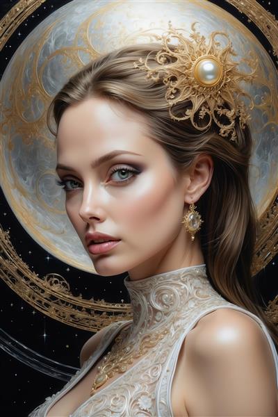 عکس آنجلینا جولی فانتزی با تاج طلایی و ماه بزرگ برای تابلو