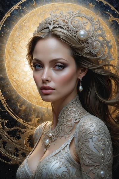 طرح آنجلینا جولی طلایی با تاج مروارید و پس‌زمینه خورشید