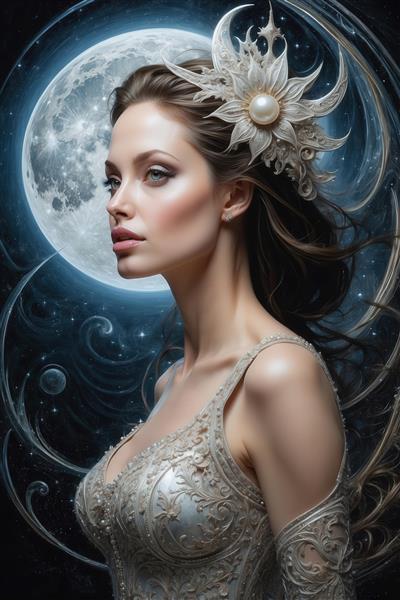 تصویر آنجلینا جولی با لباس نقره‌ای در پس‌زمینه ماه و کهکشان