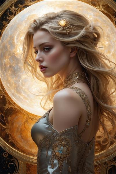 پرتره امبر هرد با موی بلند طلایی و لباس زرهی باکیفیت برای چاپ