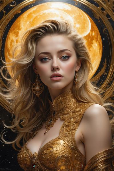 پرتره امبر هرد بلوند با لباس نقره‌ای و طلایی و سنگ‌های کهربایی دکوراتیو