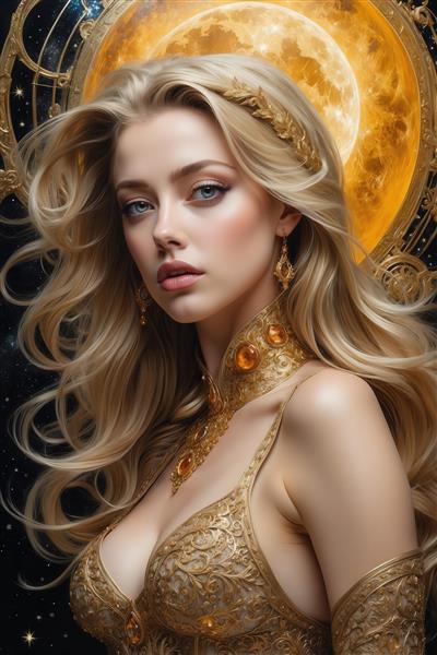 تصویر امبر هرد با موهای بلوند و تاج گل و لباس زیر طلایی فانتزی