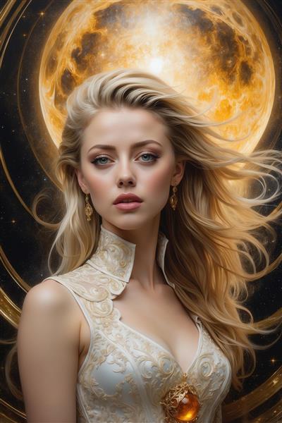 طرح پرتره امبر هرد با موهای طلایی درخشان و لباس سفید دکوراتیو