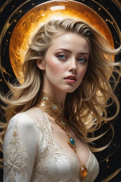 پرتره زیبای امبر هرد با موی بلوند و گردنبند طلایی و سنگ فیروزه