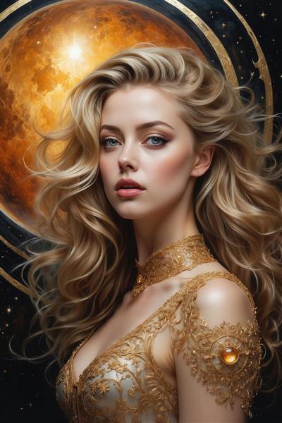 تصویر جذاب امبر هرد با موهای بلوند در باد و لباس طلایی دکوراتیو