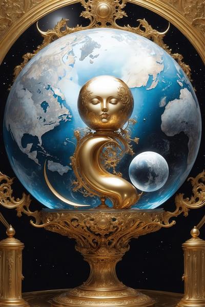 عکس کره‌ی زمین فانتزی با سوژه‌ی طلایی صورت‌دار برای تابلو دکوراتیو