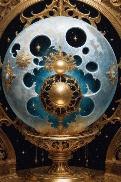 تصویر کره‌ی آسمانی فانتزی در قاب طلایی برای پوستر دکوراتیو