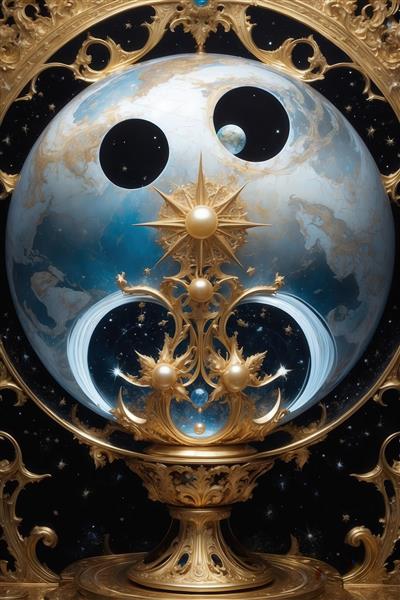 عکس سیاره زمین لوکس با هلال و تزئینات طلایی در فضا برای چاپ