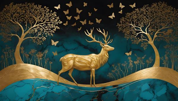 تصویر گوزن طلایی ایستاده در جنگل آبی با پروانه‌ها برای دکور