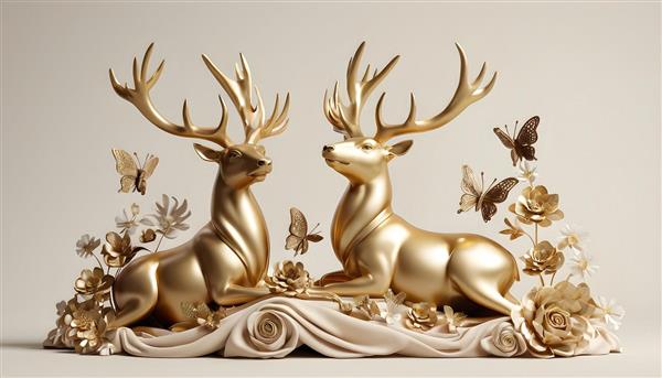 عکس دو گوزن طلایی نشسته با گُل و پروانه برای چاپ روتختی