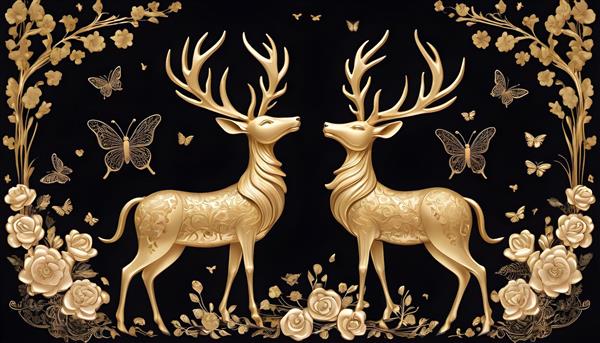 طرح دو گوزن طلایی در پس‌زمینه مشکی و گل‌های رز برای تابلو