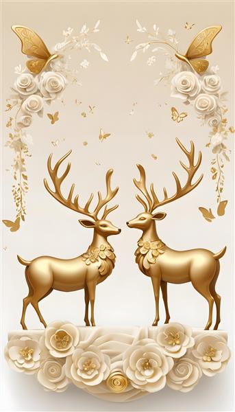 تصویر گوزن و ماده گوزن طلایی روی پایه‌ی گُل برای چاپ باکیفیت