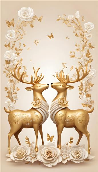 عکس دو گوزن طلایی با حلقه گُل رز سفید برای پوستر اتاق خواب