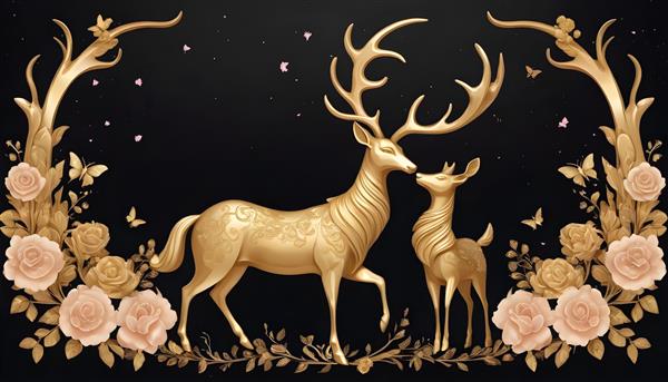 طرح دو گوزن عاشق طلایی و مشکی با تزئینات گل رز برای چاپ