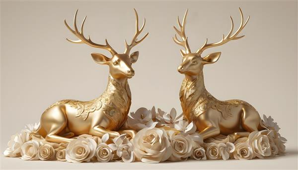 تصویر دو گوزن طلایی نشسته با تزئینات گُل رز برای تابلو دکوراتیو