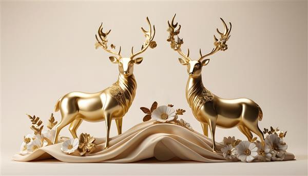 طرح دو گوزن طلایی ایستاده میان گل‌های دکوراتیو برای چاپ روتختی