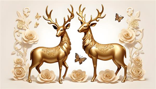 عکس دو گوزن طلایی و گل‌های کاغذی سفید برای پوستر دیواری