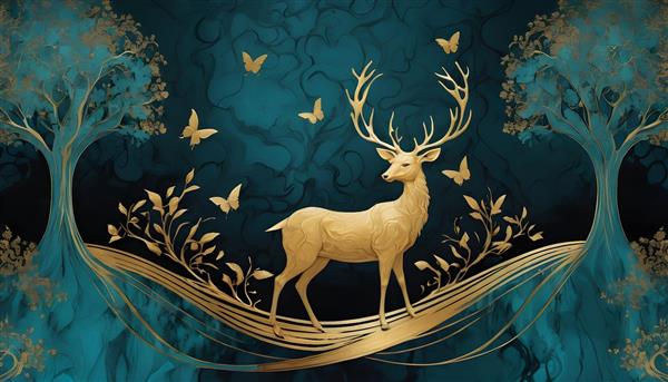 طرح گوزن طلایی با شاخ‌های بلند در پس‌زمینه آبی تیره برای چاپ